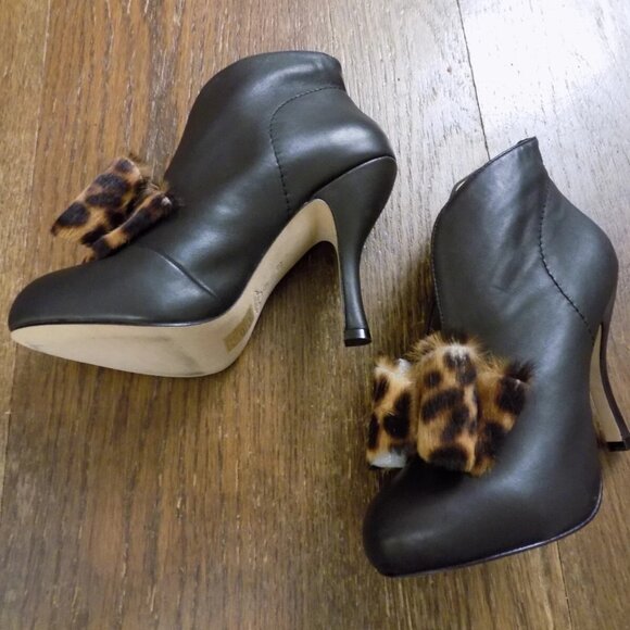 Vivienne Westwood Anglomania Black Leather Fur Bow Platform Heels Booties 37 6.5 - Picture 8 of 14
